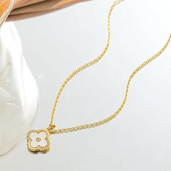 Women's Gold Plated Clover Shaped Dainty CZ Rhinestone Pendant Necklace - Picture 4 of 5